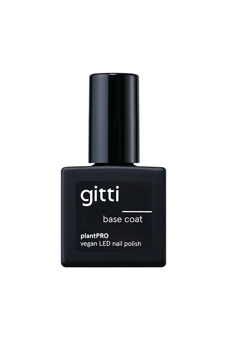 Eine schwarze Flasche plantPRO Base Coat mit einer schwarzen Kappe, die für vegane Gelnägel entwickelt wurde, ist vor einem weißen Hintergrund abgebildet.