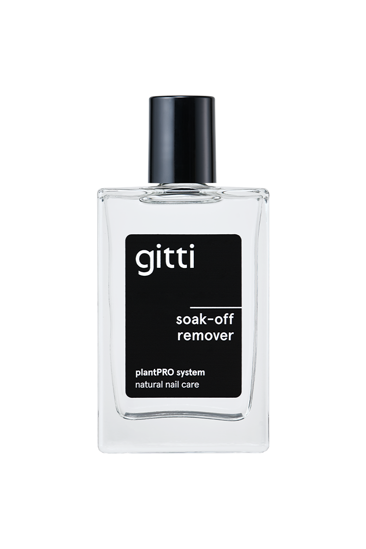 Eine durchsichtige Flasche mit der Aufschrift Soak-off Remover, plantPRO system, für die natürliche Nagelpflege mit einer schwarzen Kappe - perfekt als sanfter Gel Nagellack Entferner.