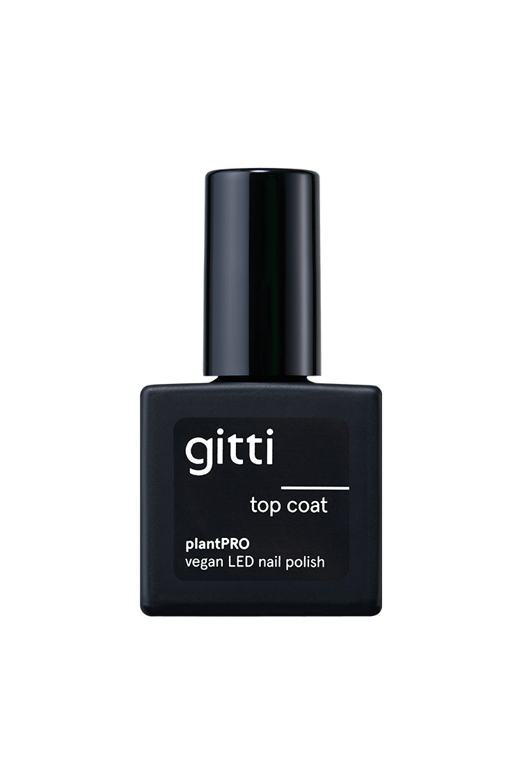Eine schwarze Flasche plantPRO Top Coat, der vegane, pflanzliche LED-Nagellack von Gitti mit rechteckiger Basis und zylindrischer Kappe - ideal für Gelnägel in Salonqualität zu Hause.
