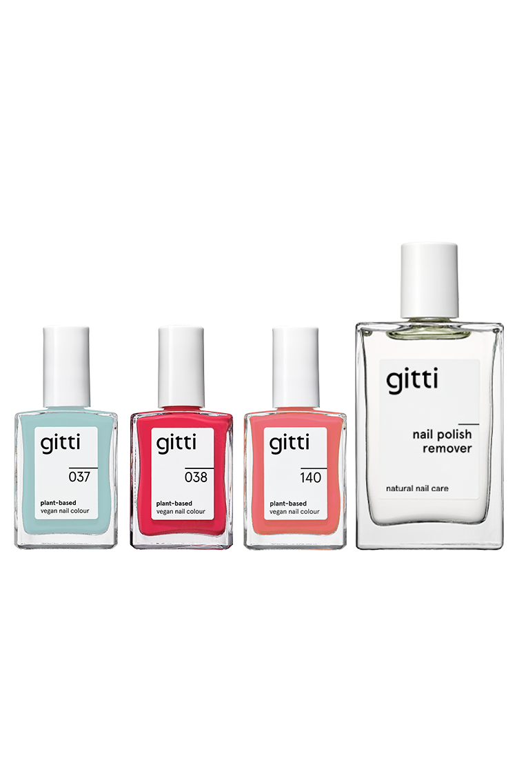Das Set Plant Trio + Remover enthält drei vegane Nagellacke auf Pflanzenbasis von gitti in den Farben Blau, Rot und Pink sowie einen sanften gitti Remover.