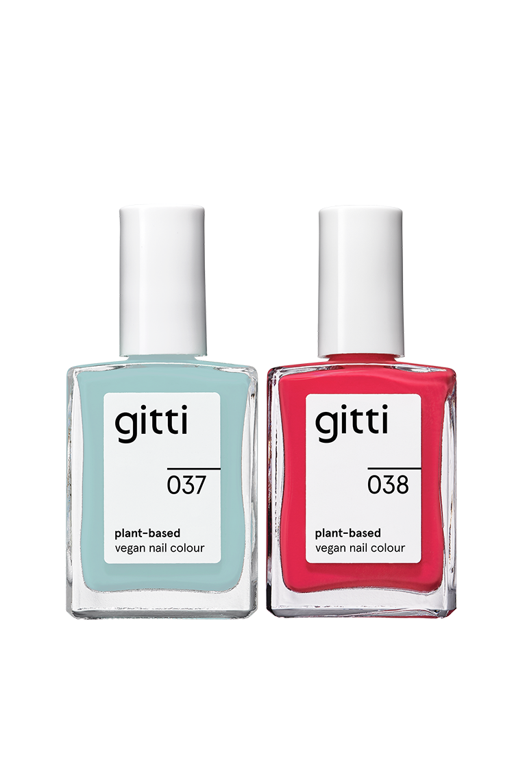 Das Plant Duo Set enthält zwei vegane Nagellacke auf Pflanzenbasis von gitti in den Farben Hellblau (037) und Rosa (038), beide mit weißer Kappe.
