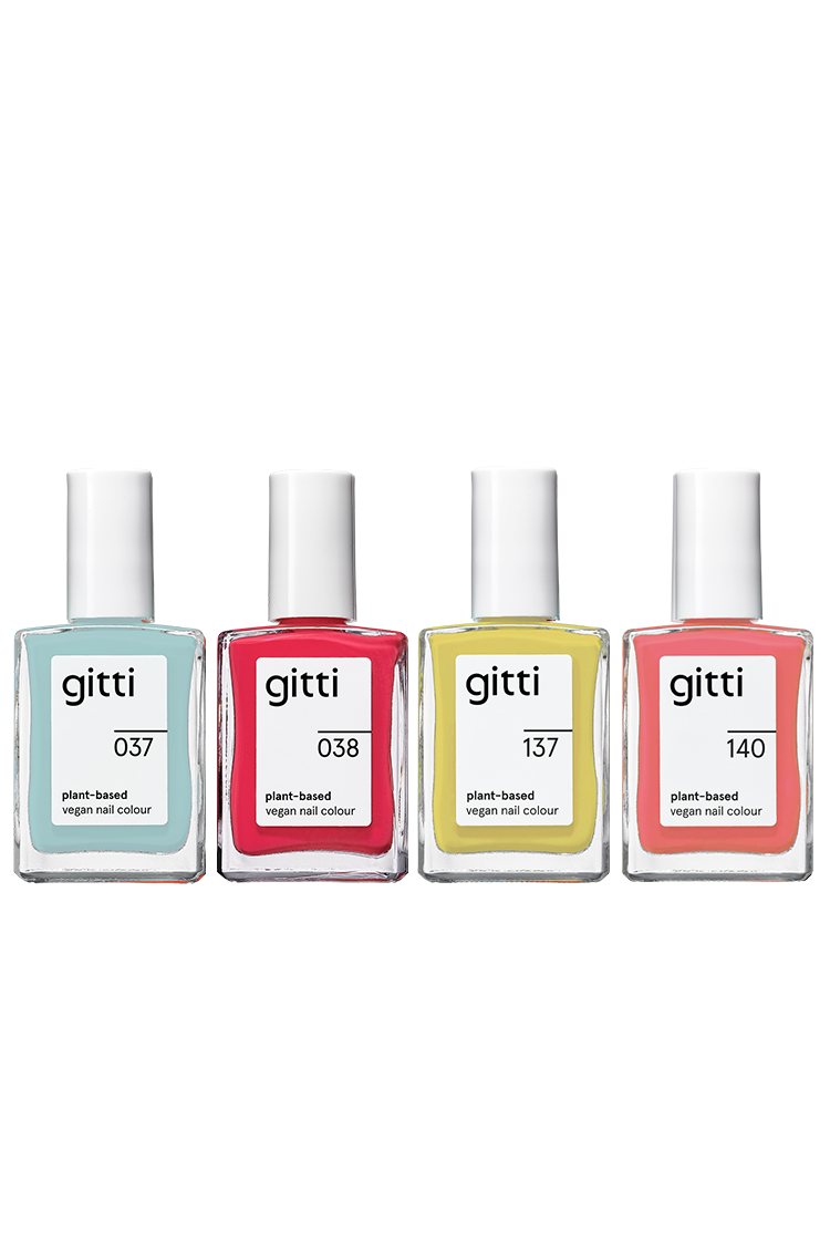 Vier Farben aus der Plant Collection von gitti - Blau (037), Rot (038), Gelb (137) und Coral (140) - sind nebeneinander vor weißem Hintergrund angeordnet. Lässt sich ideal mit Top Coat oder Base Coat kombinieren.