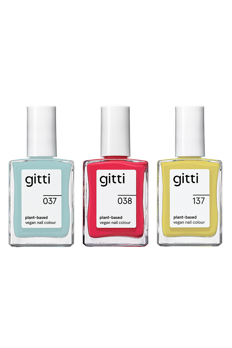 Das Plant Trio Set enthält drei vegane Nagelfarben auf Pflanzenbasis von gitti in Hellblau (037), leuchtendem Pink (038) und Gelb (137). Kombinieren Sie sie mit einem Top Coat oder Base Coat für ein makelloses Finish.