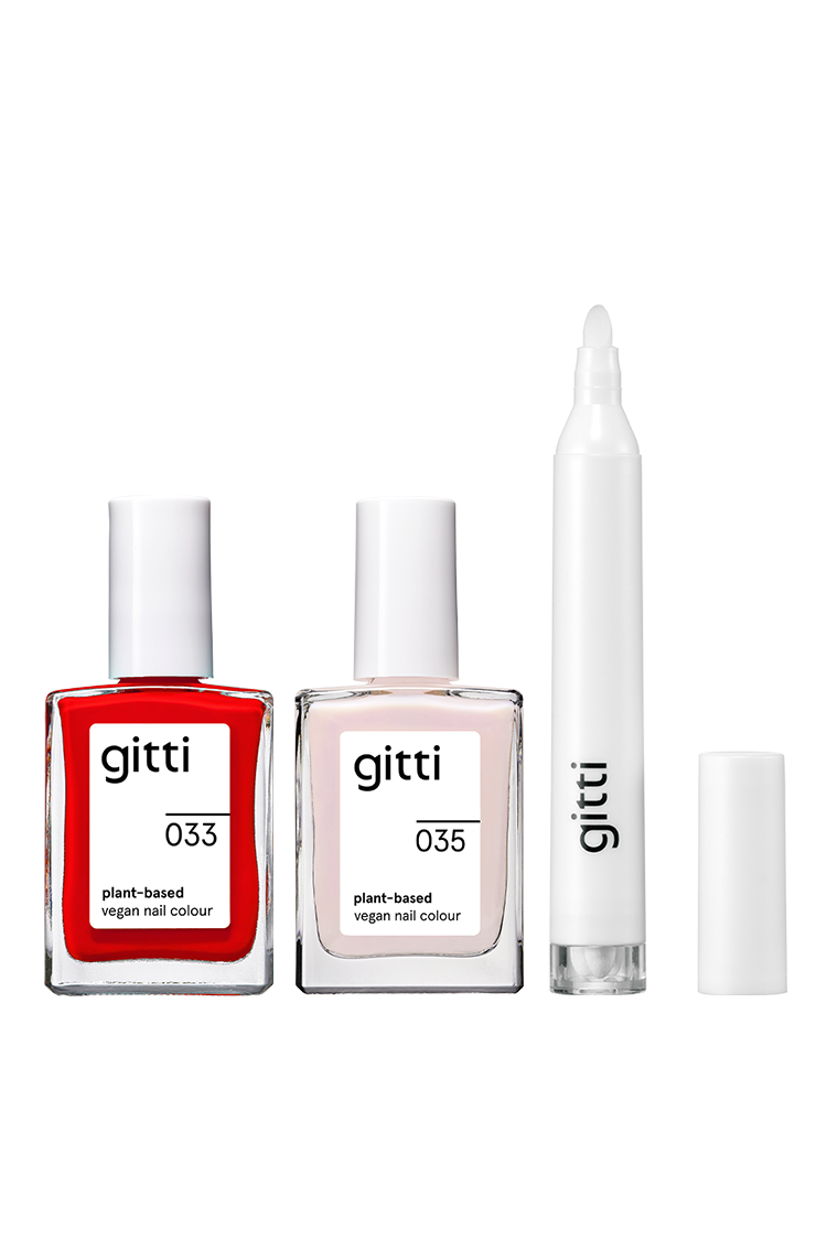 Das Set Plant Duo + Corrector Pen ist auf weißem Hintergrund abgebildet: zwei Nagellacke in kräftigem Rot und zartem Rosa sowie ein weißer Corrector Pen mit abgenommener Kappe.