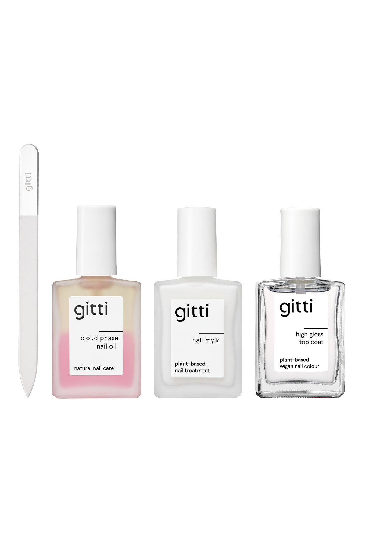 Das Perfect Nails Starter Set besteht aus vier essenziellen Produkten - einer Feile, einem Wolkenphasen-Nagelöl, einer Nagelmylk-Behandlung und einem Hochglanz-Topcoat - die aufrecht auf einem weißen Hintergrund präsentiert werden. Ideal als Nagelpflege-Set für gesunde, glänzende Nägel.