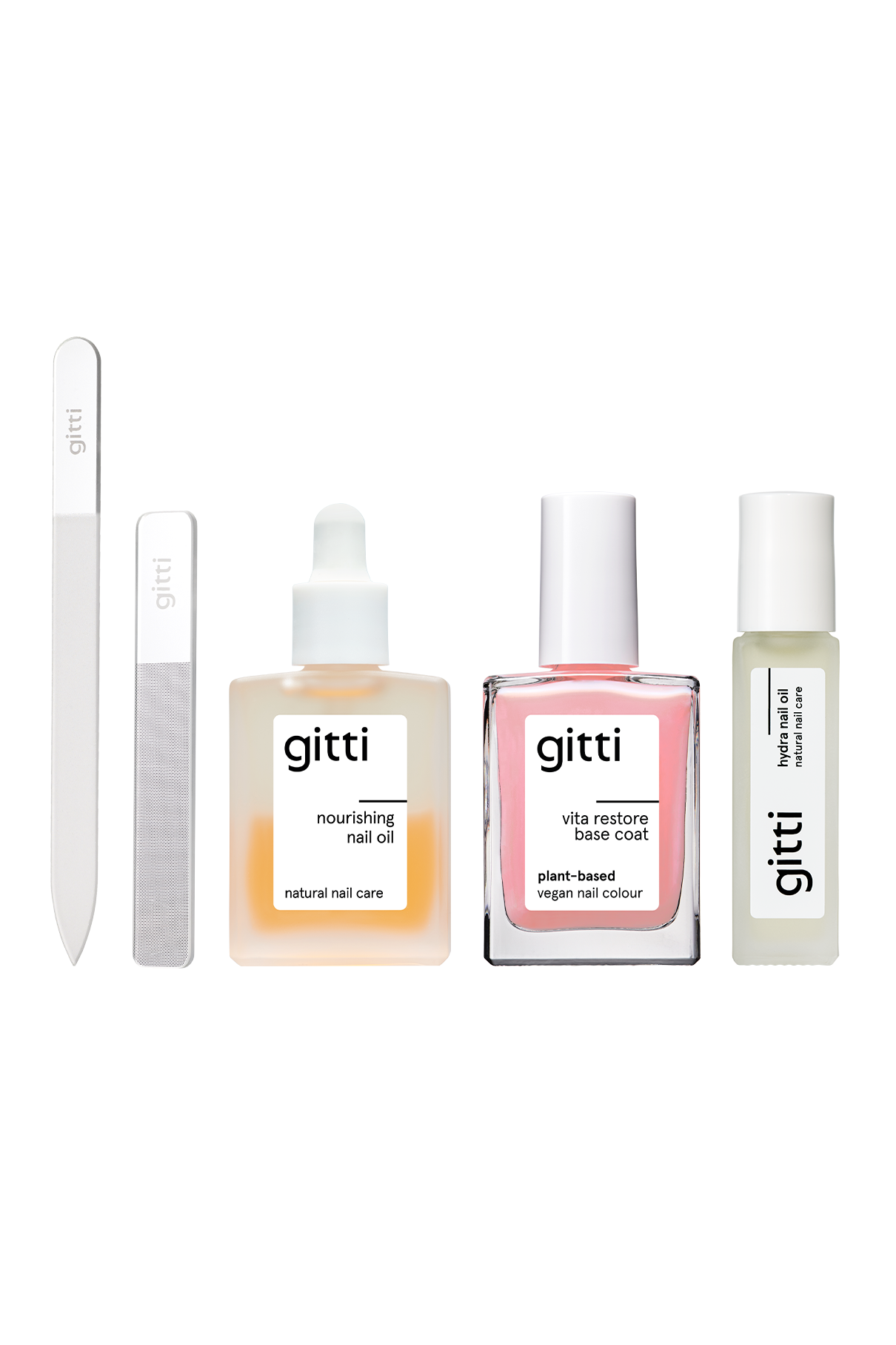 Das Soap Nails Essentials L Set von gitti enthält eine Glasnagelfeile, einen Buffer, ein pflegendes Nagelöl, einen Unterlack auf pflanzlicher Basis und ein Repair Serum - alles, was Sie für den perfekten Soap Nails Look brauchen.