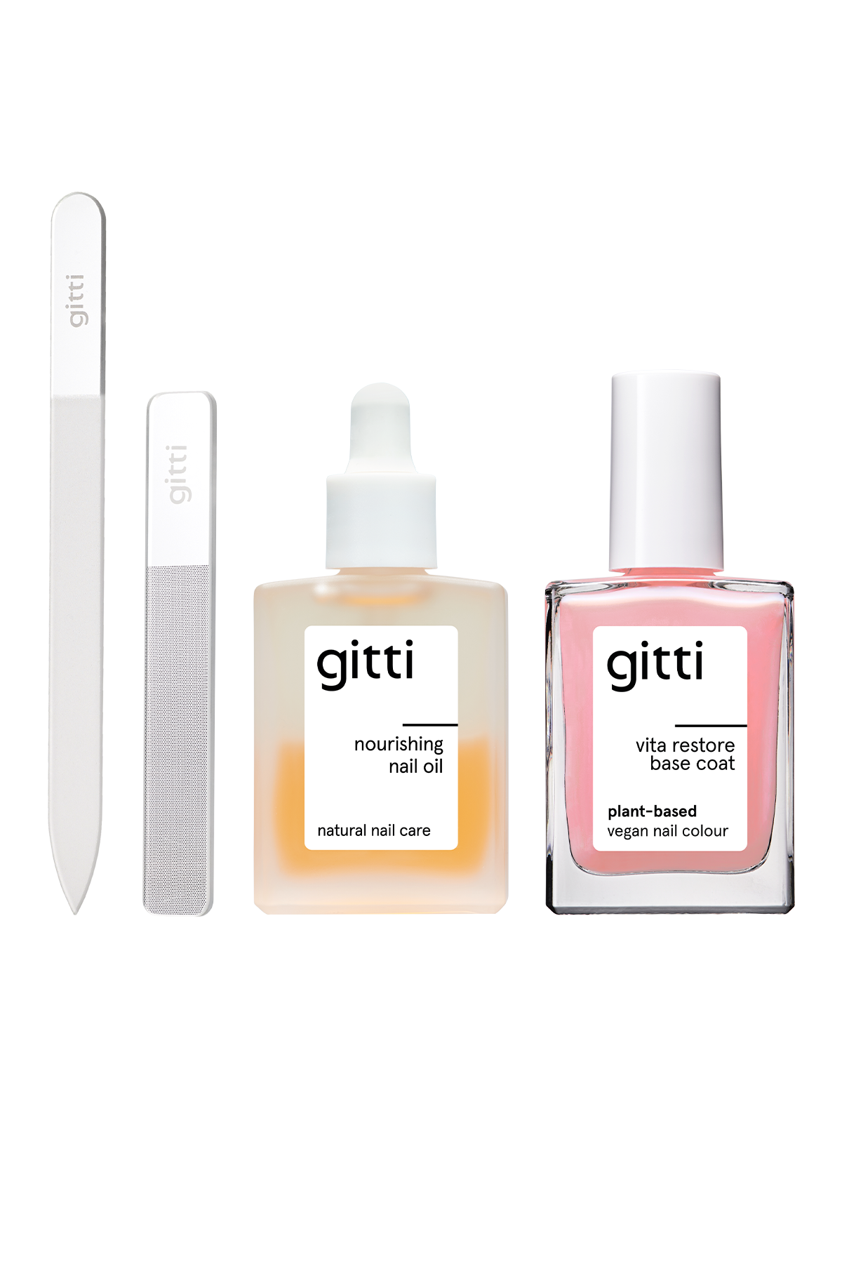 Soap Nails Essentials M: Ein Nagelpflegeset mit Glasnagelfeile, Metallbuffer, pflegendem Nagelöl und rosafarbenem Unterlack für den perfekten Soap Nails-Look - alles mit dem typischen Gitti-Branding.