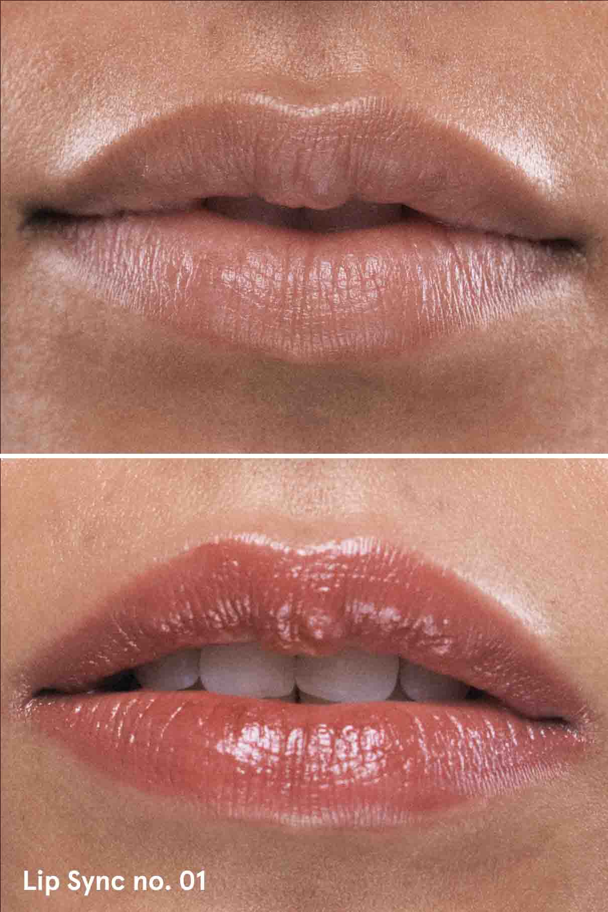 Zwei Nahaufnahmen von Lippen: die obere ist natürlich, die untere trägt Lip Sync Refill Nr. 01 - ein warmes Rot mit braunen Untertönen und einem glänzenden Finish. Die Lippen sind leicht gescheitelt und zeigen die Zähne. "Lip Sync Refill no. 01" erscheint in der unteren linken Ecke.