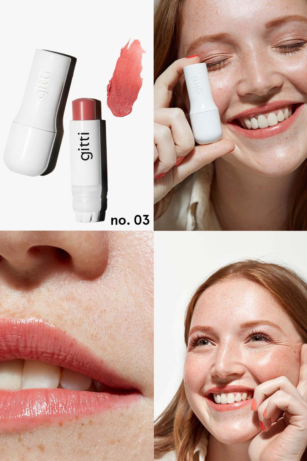 Eine Person trägt den rosafarbenen Lippenbalsam von Nails + Lips in Sync auf und lächelt dabei. Zu sehen sind eine Nahaufnahme des Balsams, eine Probe und Lippen, die ihn tragen - perfekt, um Ihr Beauty-Set zu vervollständigen.