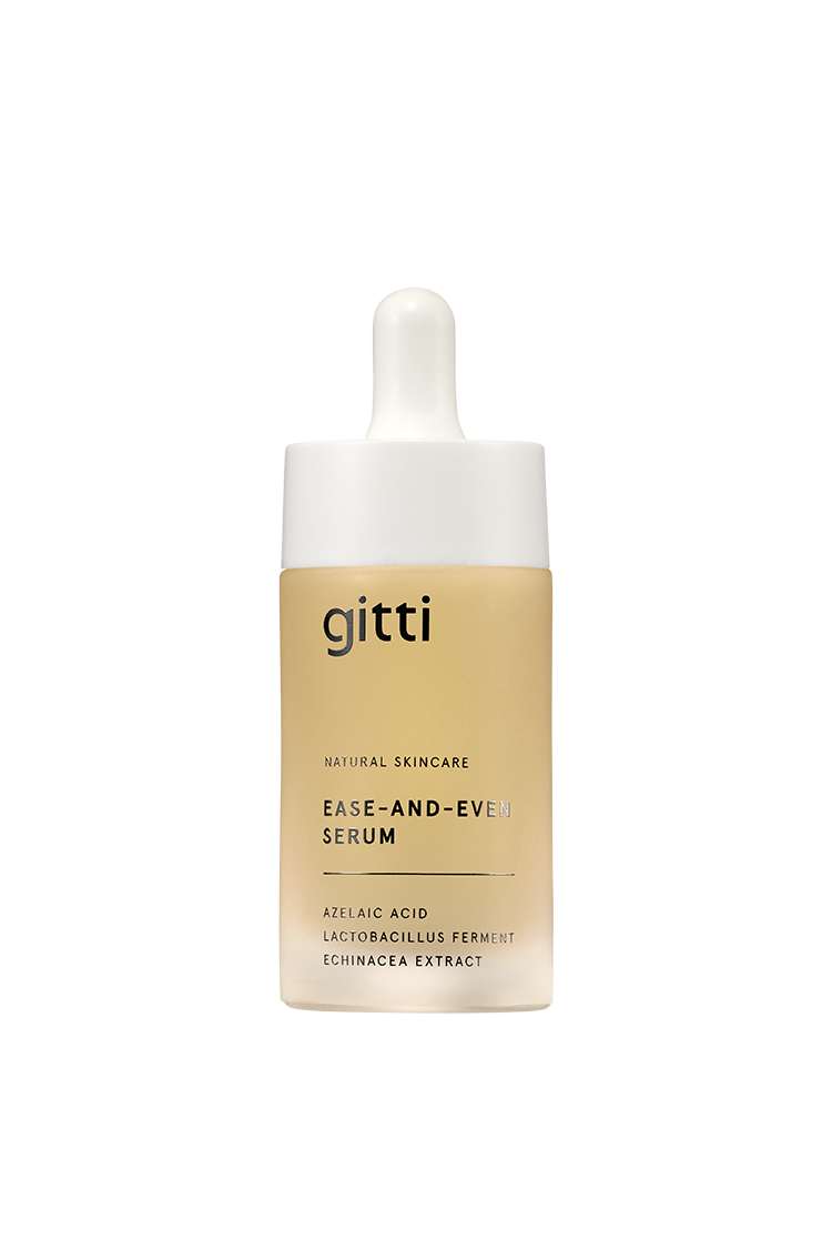 Ein Fläschchen des Ease-and-Even-Serums mit Tropfverschluss, das Azelainsäure, Lactobacillus-Ferment und Echinacea-Extrakt enthält - formuliert, um die Talgproduktion zu unterstützen und Hautunreinheiten sichtbar zu reduzieren.