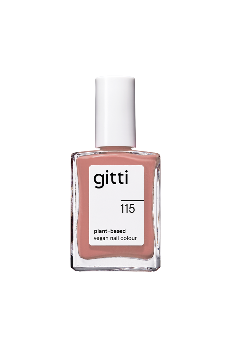 Eine Flasche von gitti no. 115, eine vegane Nagelfarbe auf pflanzlicher Basis in der Farbe Beige-Braun, wird mit einer weißen Kappe und einem rechteckigen Glasbehälter geliefert.