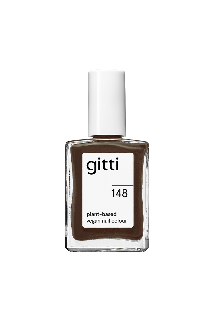 Eine Flasche gitti no. 148 pflanzliche, vegane Nagelfarbe mit weißer Kappe und sichtbarem, intensiv braunem Lack im Inneren.