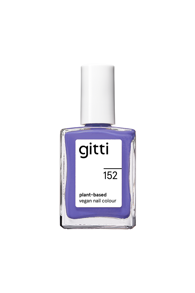 Eine Flasche gitti no. 152 pflanzliche, vegane Nagelfarbe, inspiriert von Pantones Farbe des Jahres 2022 - ein bläuliches Violett - mit einer weißen Kappe.