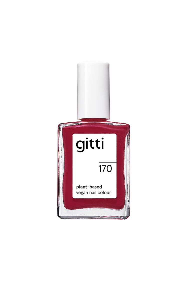 Eine Flasche gitti no. 170, ein pflanzlicher, veganer Nagellack mit weißer Kappe und tiefem Magenta-Rot, perfekt für Fans von gedeckten Farben.