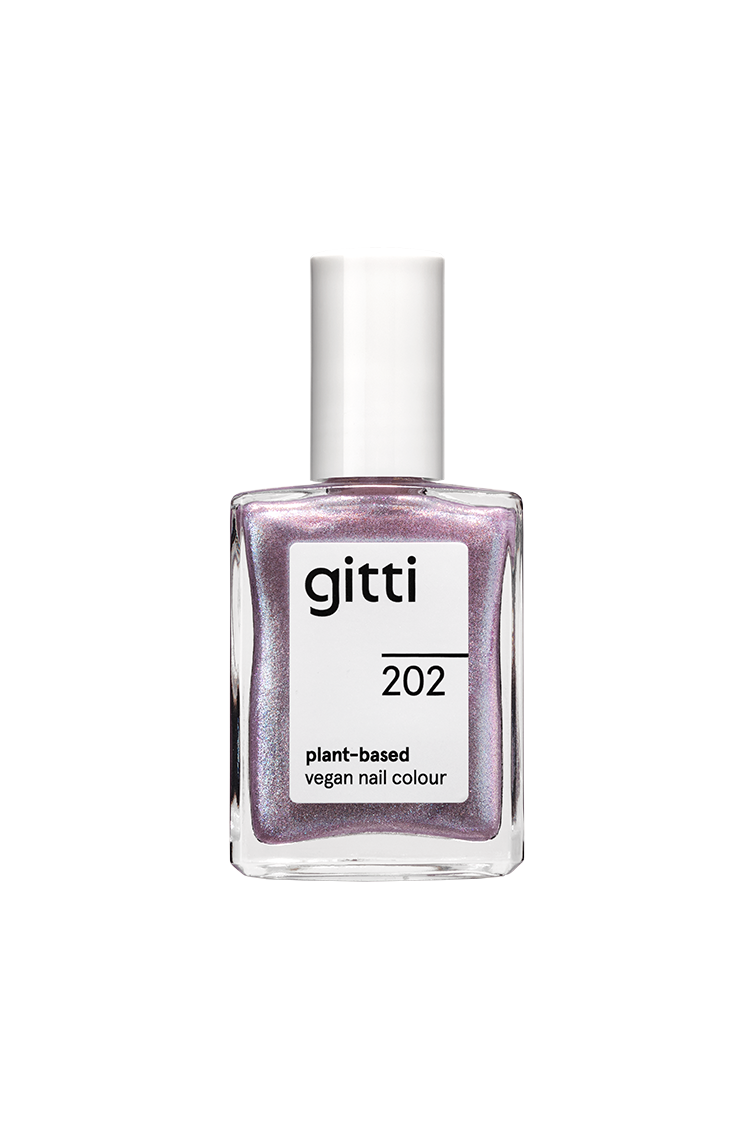 Eine Flasche gitti no. 202, eine vegane Nagelfarbe auf Pflanzenbasis in einem schimmernden Lavendelton mit weißer Kappe.