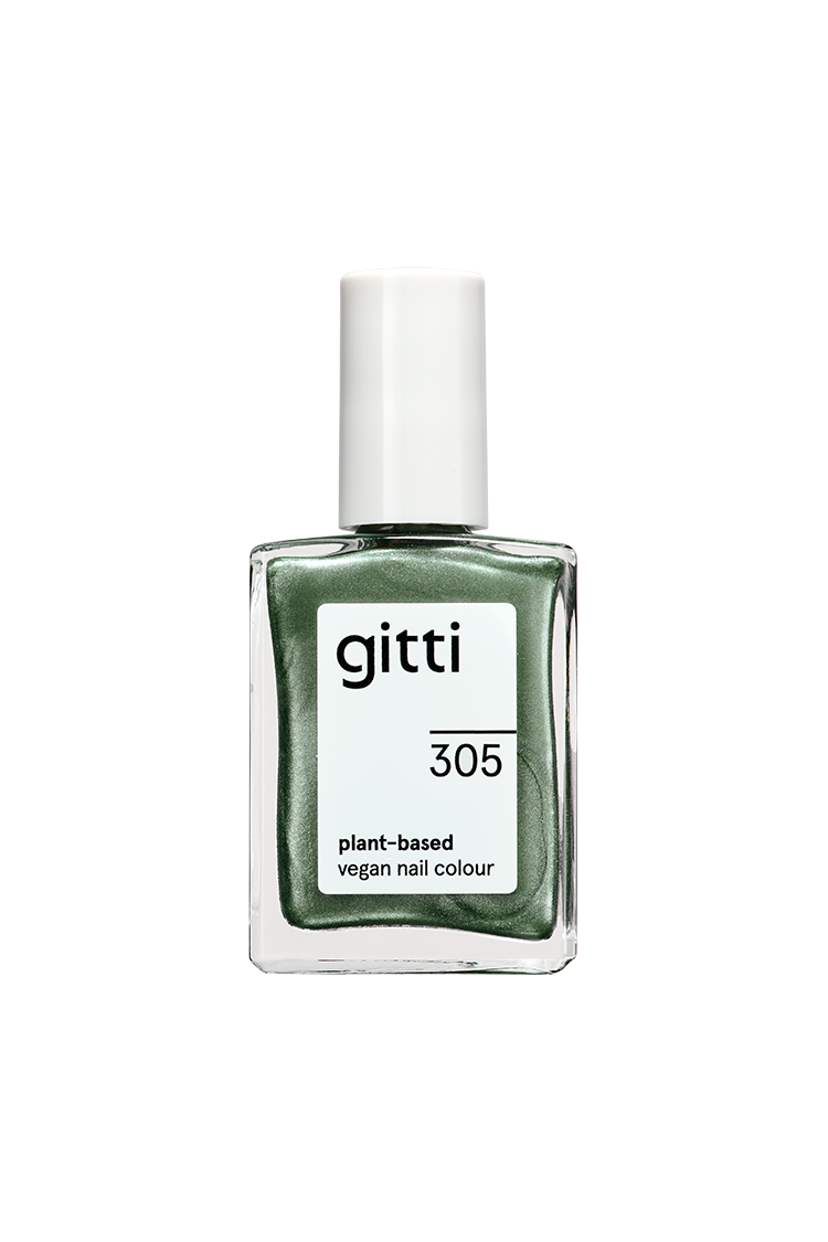 Eine Flasche gitti no. 305 pflanzlicher veganer Nagellack in grünem Metallic-Ton mit weißer Kappe, inspiriert von der Metallic-Version Nr. 121.