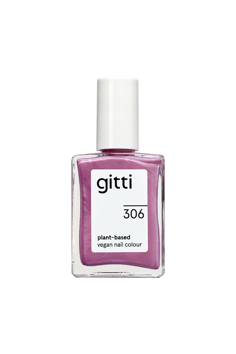 Eine Flasche gitti no. 306, eine vegane Nagelfarbe auf pflanzlicher Basis mit weißer Kappe und mauvefarbenem Lack mit violettem Unterton und dezentem metallisch-mauvefarbenem Finish.